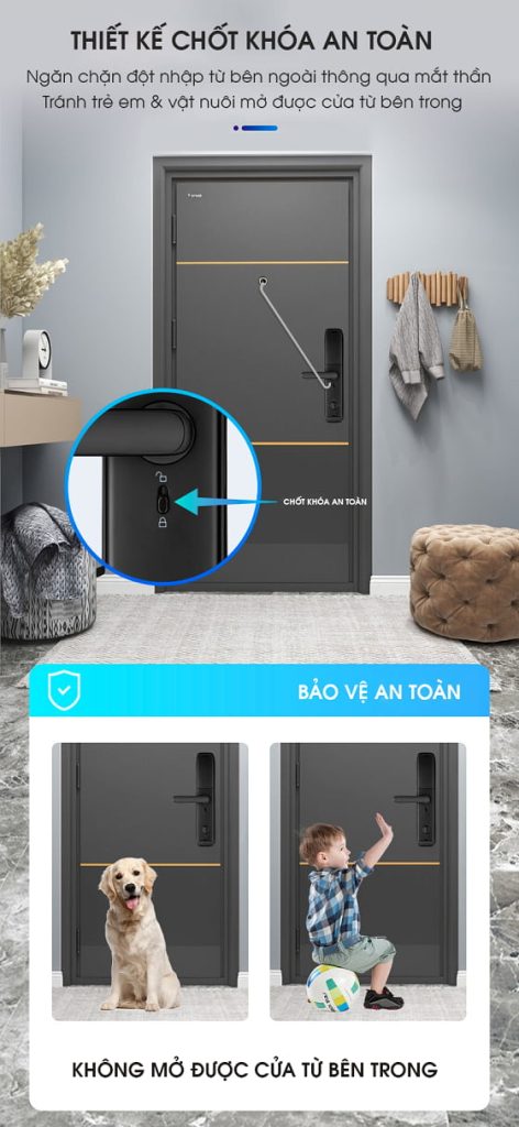 Chốt khóa an toàn ngăn chặn đột nhập và mở cửa từ bên trong với trẻ em.