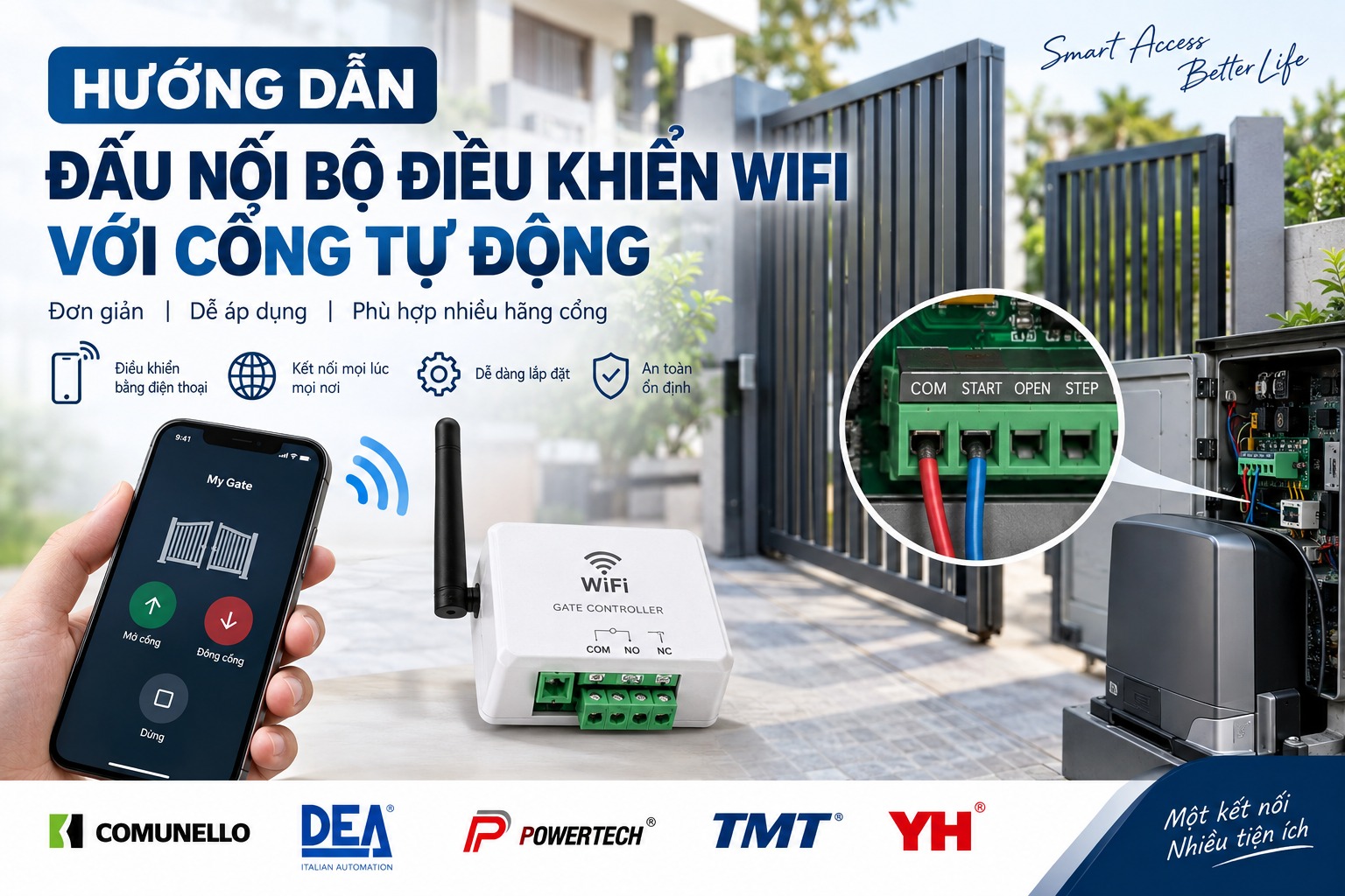 Hướng dẫn đấu nối bộ điều khiển wifi với cổng tự động
